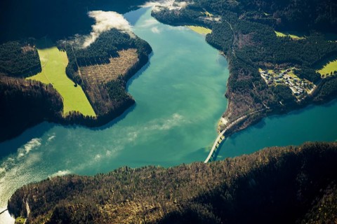 Aerial view, bird's eye view, Sylvenstein Lake, Upper Bavaria, Bavaria, Germany