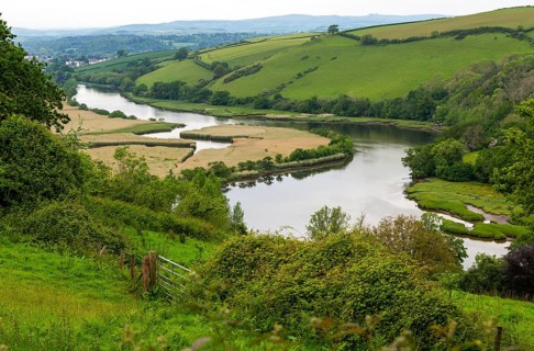 Landscape view of River Dart estuary and valley near Totnes, south Devon, England, UK