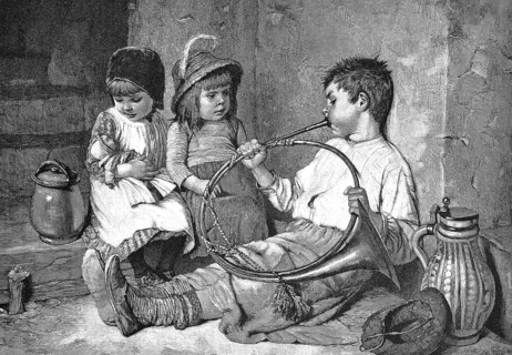 Two children watching a boy playing a horn. Black and white illustration with traditional clothing
