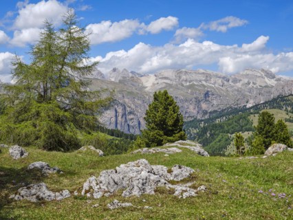 View of the mountains of the Geisler National Park, Sellerjoch, Selva di Val Gardena, South Tyrol,