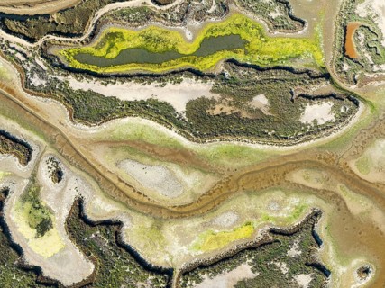 Low tide. In the marshland of Isla Cristina. Aerial view. Drone shot. Huelva province, Andalusia,