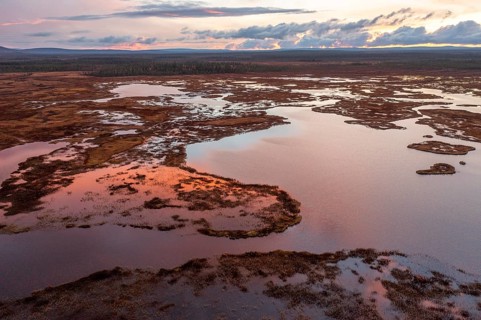 Sunset, drone shot, aerial view, lakes, moor landscape, Lapland, Finland
