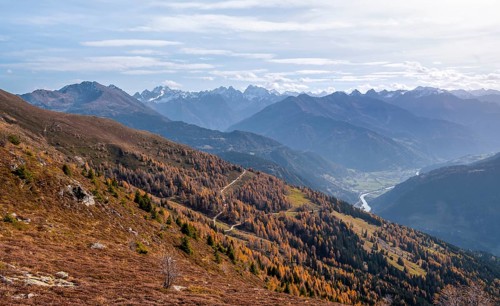 View of the mountain panorama and the Upper Inn Valley in the morning light, Krahberg on the Venet