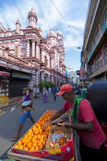 Street vendors sorting mandarins, behind the Red Mosque Jami Ul-Alfar, Colombo, Western Province,