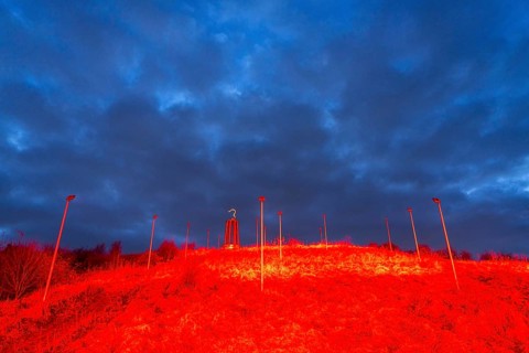 Rheinpreussen spoil tip in Mörs, spoil tip symbol Das Geleucht, light installation red illuminated