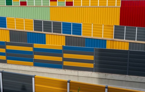 Colourful noise barriers on the A52 motorway, at the Essen-Rüttenscheid junction, the noise