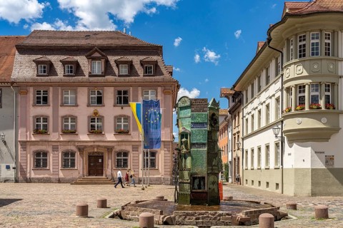 Minster Fountain and the Old Villingen Town Hall on Münsterplatz in Villingen-Schwenningen, Black
