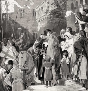 Saint Elizabeth of Hungary saying goodbye to her husband Louis IV the Saint, Sixth Crusade, 1227