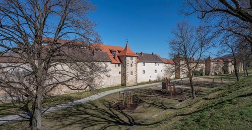 Medieval defence wall, 15th century, with moat, Weißenburg, Middle Franconia, Bavaria, Germany