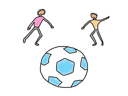 Naive illustration, children's drawing, soccer with two soccer players, soccer game