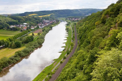 View from the Skywalk on River Weser, Beverungen, Weser Uplands, North Rhine-Westphalia, Germany