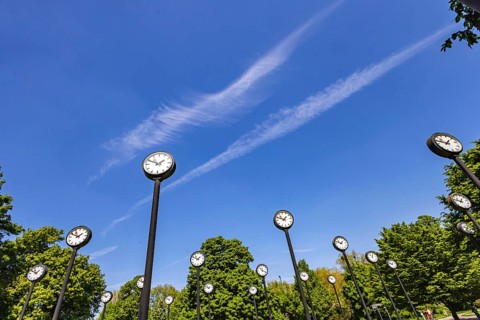 Time Field artwork, 24 synchronised station clocks in the Volksgarten show the time. Artist Klaus