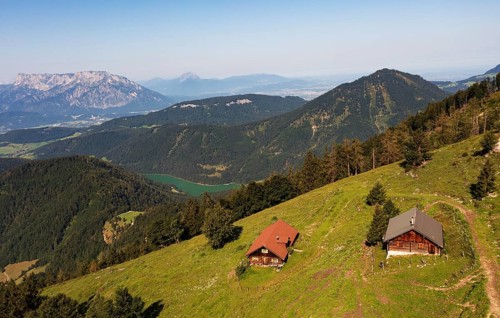 Drone image, Eibleckalm with Untersberg and Wiestalstausee, Eibleck, Osterhorngruppe,