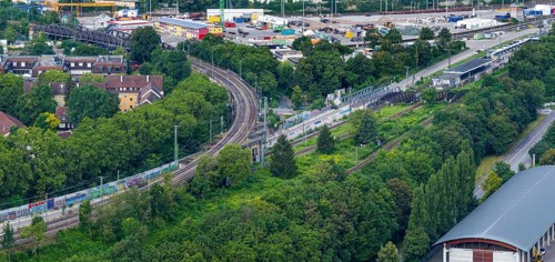 Stuttgart North Station with railway bridges. Junction of the railway line in the direction of the