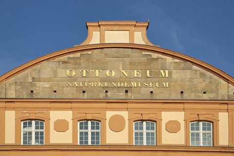 Roof with golden inscription from the baroque Ottoneum built in 1606, Natural History Museum,