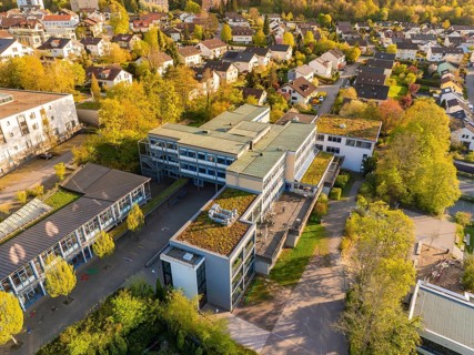 Urban landscape with modern groups of buildings and green roofs seen from the air, Christiane