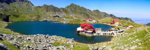 Romania: Lake Balea (Romanian: Balea Lac) from above. The lake is located at the summit of the