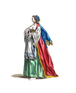 Historical dress, fashion over time, Traditional dress of a lady from Ischia, an island in the Gulf