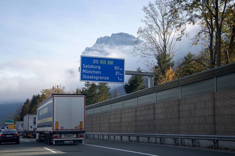 Sign on the A12 motorway in Austria near Kufstein shows the distances to Munich, Salzburg and the