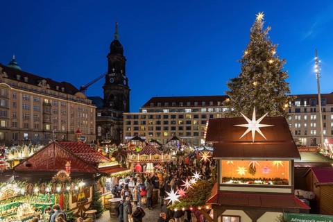 Christmas tree at the Striezelmarkt Christmas market on the Altmarkt in Dresden, in the background