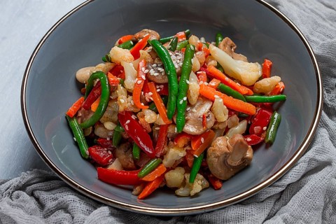 Wok, Asian-style vegetables, street food, mixed vegetables, no people, top view