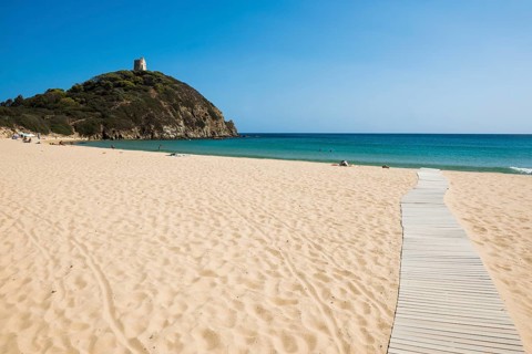 Sandy beach beach and blue sea, Spiaggia di Su Portu, Torre di Chia, Chia, south coast, Sardinia,