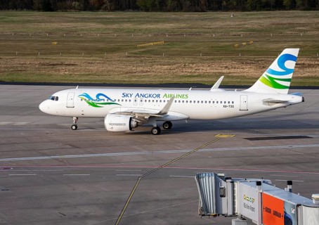 Sky Angkor Airlines, Airbus A320neo after landing at Cologne/Bonn airport, on the taxiway to the
