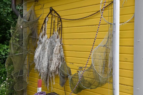 Fisherman's house, fishing hut with nets and traps for fishing on Heligoland, Schleswig-Holstein,