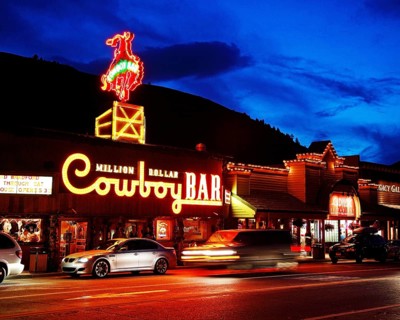 Million Dollar Cowboy Bar, Wyoming, USA, blue hour, night shot, neon, lighting, Jackson Hole,