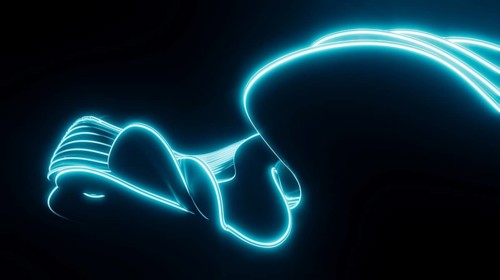 A dynamic illustration featuring glowing neon lines against a dark background. The abstract design