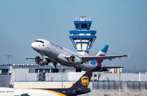 Eurowings Airbus taking off from Cologne-Bonn Airport, CGN, Air Traffic Control Tower, North