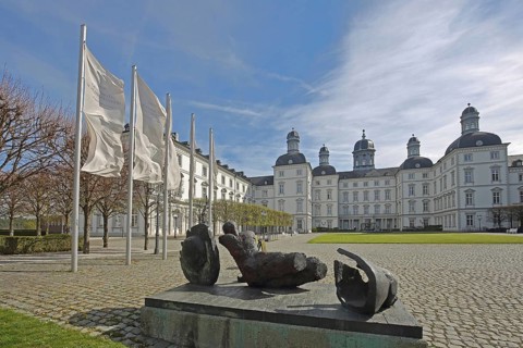Baroque castle, grand hotel and sculpture The Warrior by Markus Lüpertz 1993, modern art, Bensberg,