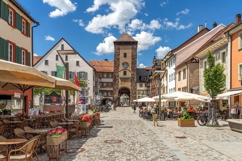 Pedestrian zone Rietstrasse and the Riettor in Villingen-Schwenningen, Black Forest,