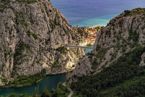 View of the Cetina Gorge with the river Cetina and the town of Omis, Croatia