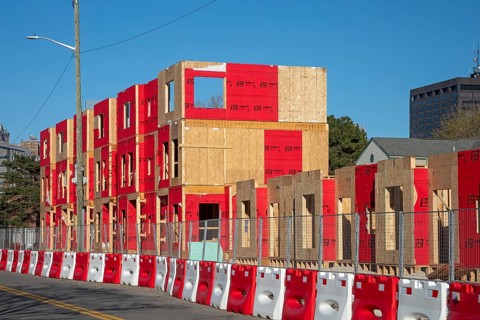 Detroit, Michigan - Construction of the Bagley Townhomes in the Corktown neighborhood. The red