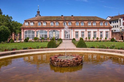 Pleasure garden, orangery, fountain, park, garden with lawn, flowerbeds, path, blue sky, Erbach,