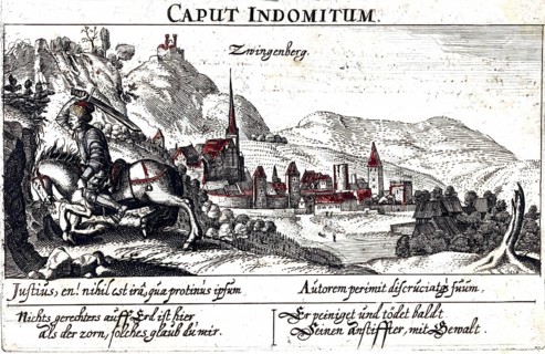 Zwingenberg in the Odenwald in 1590, Hesse, Germany, reproduction from an original from that time,