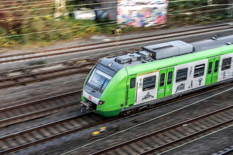 S-Bahn train on the route east, in front of Essen main station, regional transport in North