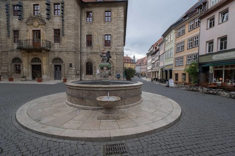 Bad Langensalza, historic old town, fountain in front of the town hall, Thuringia, Germany