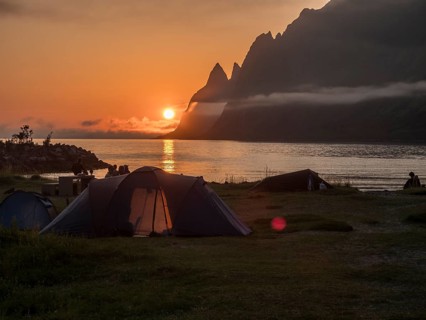 Sunset at beach Ersfjordstranden, fjord Ersfjord, Senja island, Troms, northern Norway, Norway