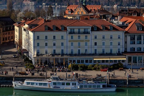 View from Neuer lighthouse to Hotel Bayerischer Hof, Bodenseeferry, Friedrichshafen passenger ship