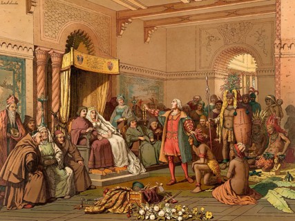 Christopher Columbus standing before King Ferdinand and Queen Isabella on his return to Spain,
