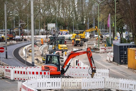 Large construction site in the city center of Essen, the large intersection of Hollesstraße and