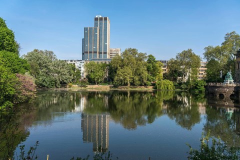 Kaiserteich and LVA main building, state capital Düsseldorf, North Rhine-Westphalia, Germany