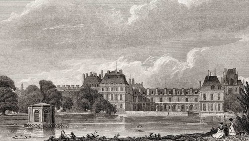The Royal Château de Fontainebleau, near Paris, antique steel engraved print, 1831