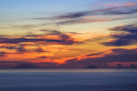 Sunset over Aeolian Islands from Nicotera, Aeolus, Sicily, Tyrrhenian Sea, Italy