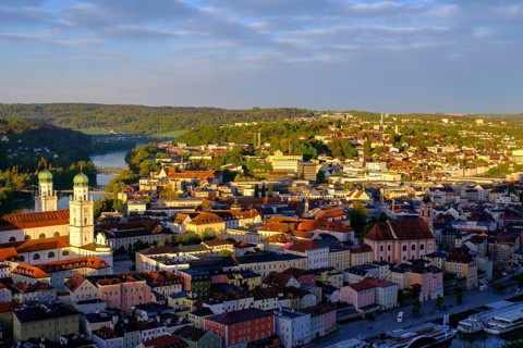 View of the historic city centre at sunrise, from the Veste Oberhaus, Passau, Lower Bavaria,