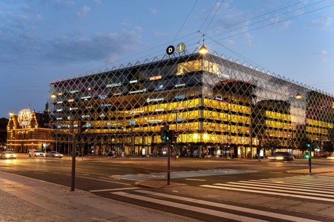 The Industrie Industriens Hus building on H.C. Andersens Boulevard at dusk, Copenhagen, Denmark