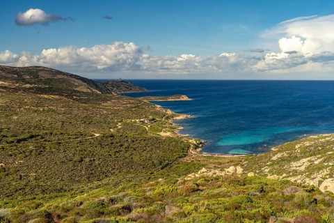 The La Revellata peninsula with the Phare de la Revellata lighthouse near Calvi, Balagne, Corsica,