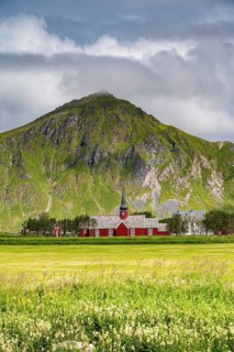 Flakstad Kirke, the red stave church of Flakstad, wooden church, Flakstad, Flakstadøya, Lofoten,
